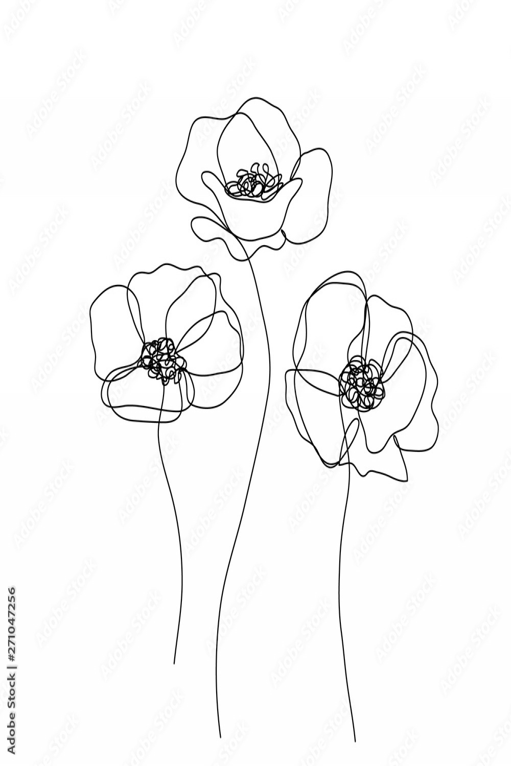 Abstract poppies flower. Continuous line drawing