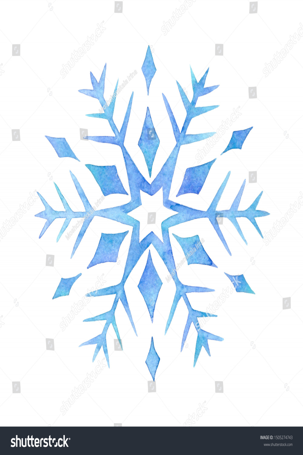 Beautiful Watercolor Snowflake Hand Drawing Winter Stock