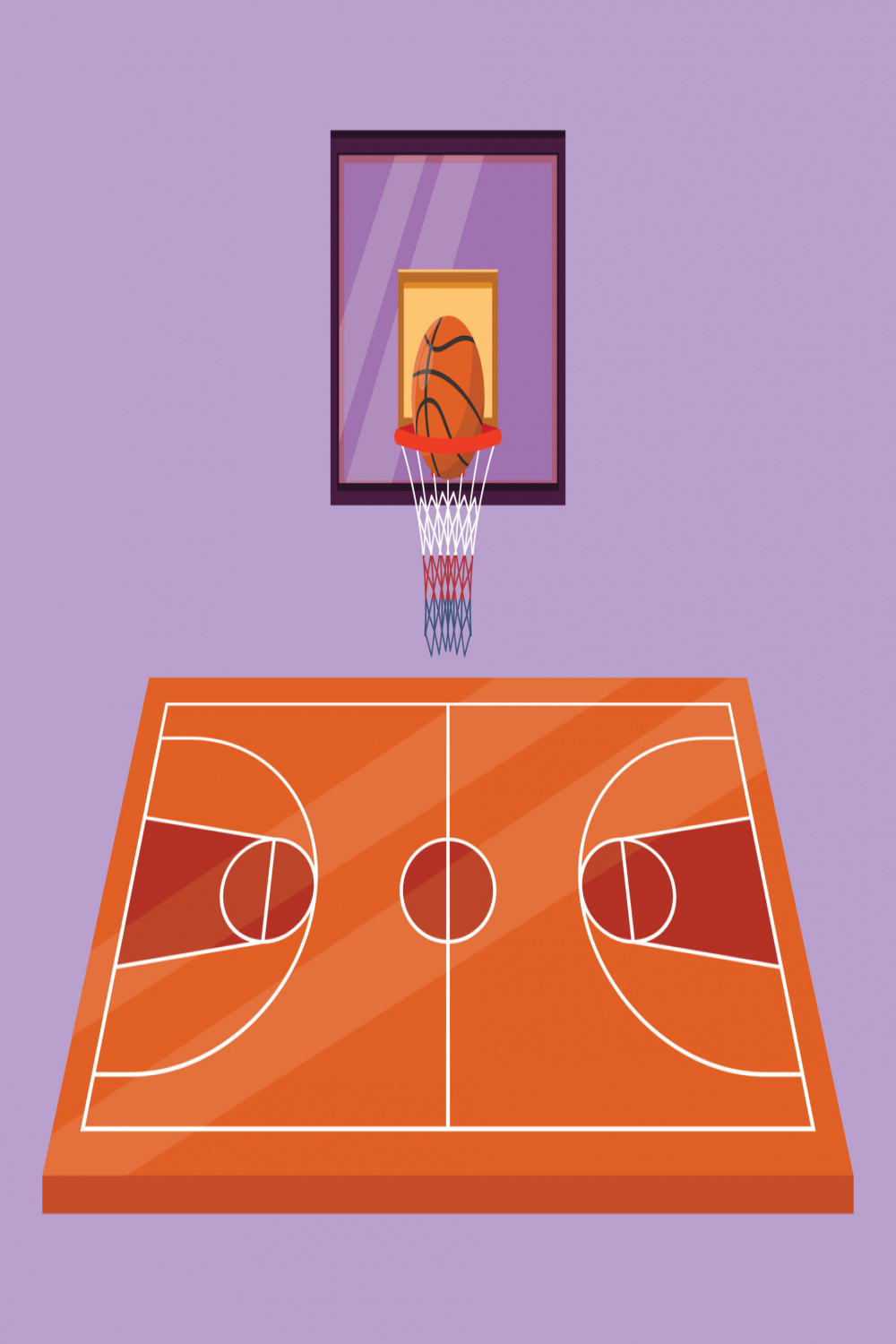 Cartoon flat style drawing basketball court, ball, and hoop