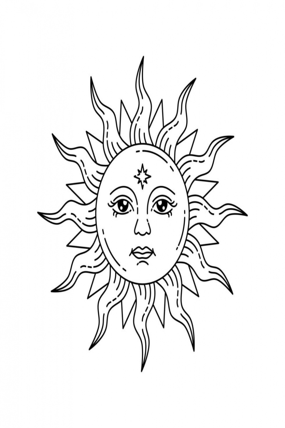 Celestial sun with face and opened eyes, stylized drawing, tarot