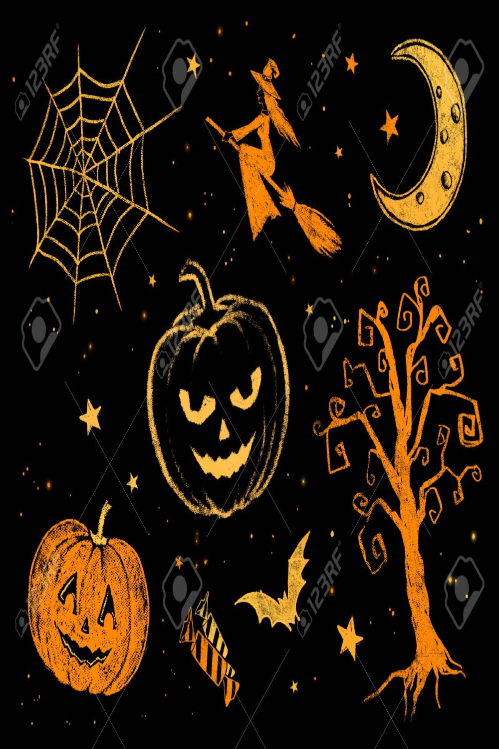 Collection Of Color Yellow And Orange Chalk Halloween Drawings