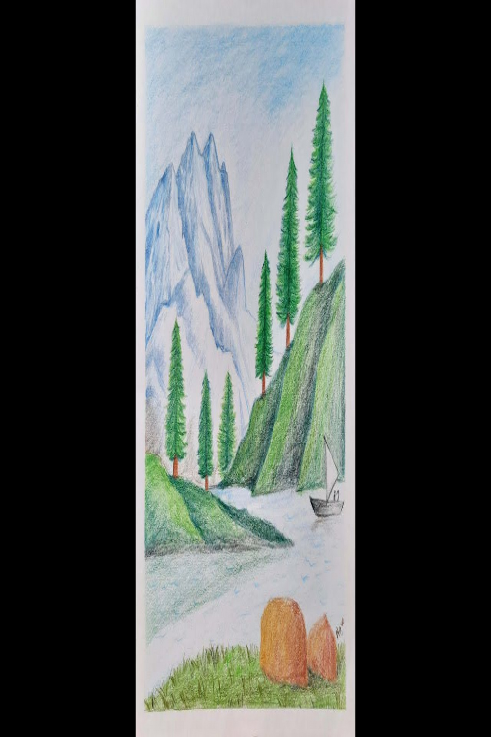 Colour Pencil Drawing of Himalayan Mountain Peak with Pine trees