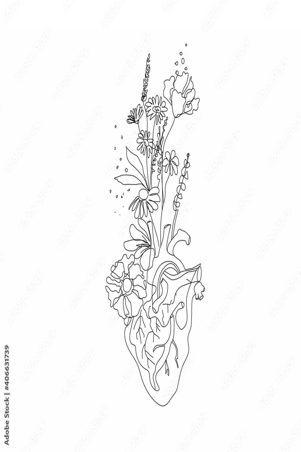 Continuous Line Drawing of Heart with Flowers Trendy Minimalist