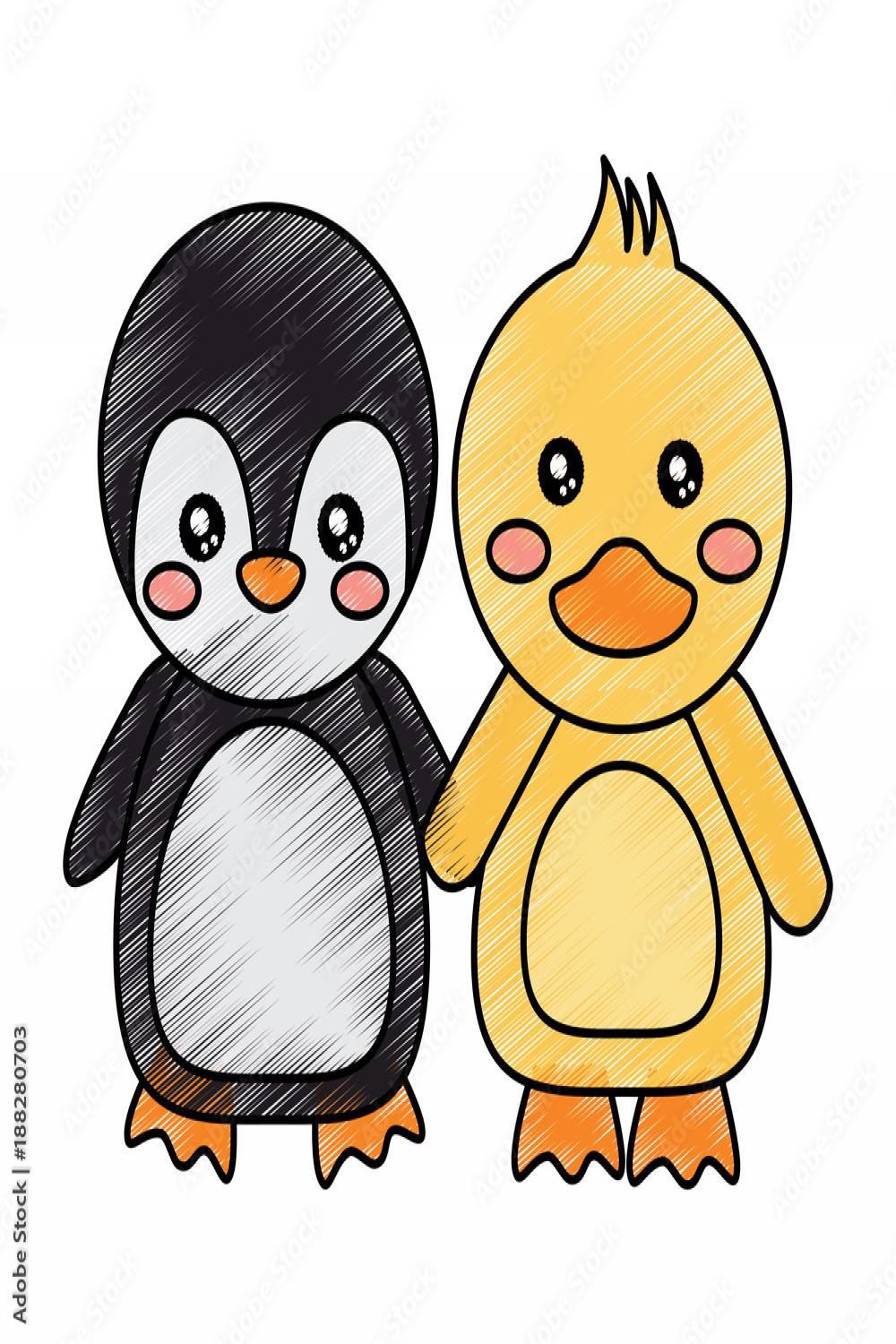 cute animals penguin and duck holding hands vector illustration