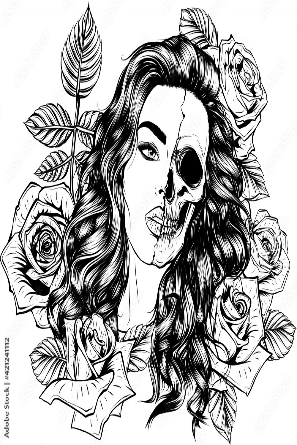 draw in black and white of illustration head skull girl with roses