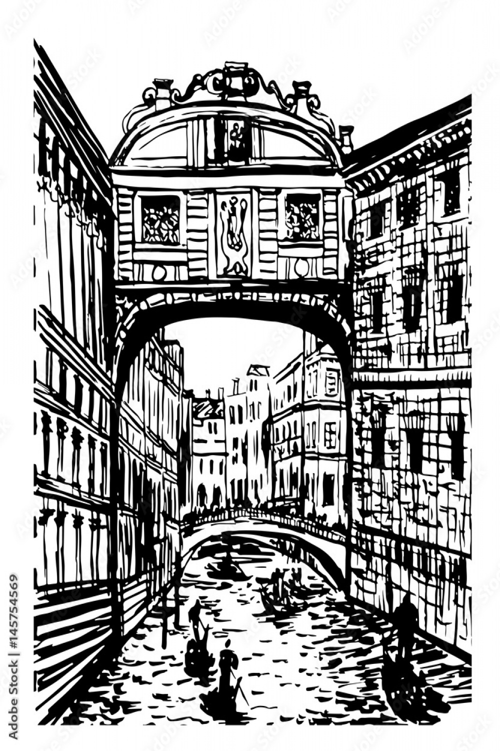 Drawing landscape view of the bridge of sighs in Venice, Italy