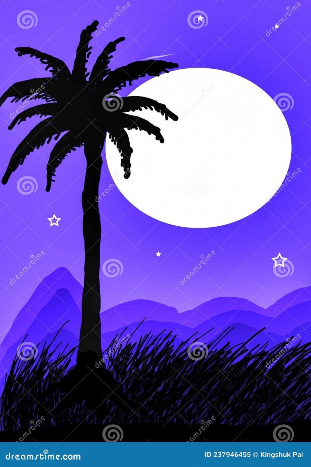 Drawing of Big Moon with Palm Tree, and Night Sky, with Star, on