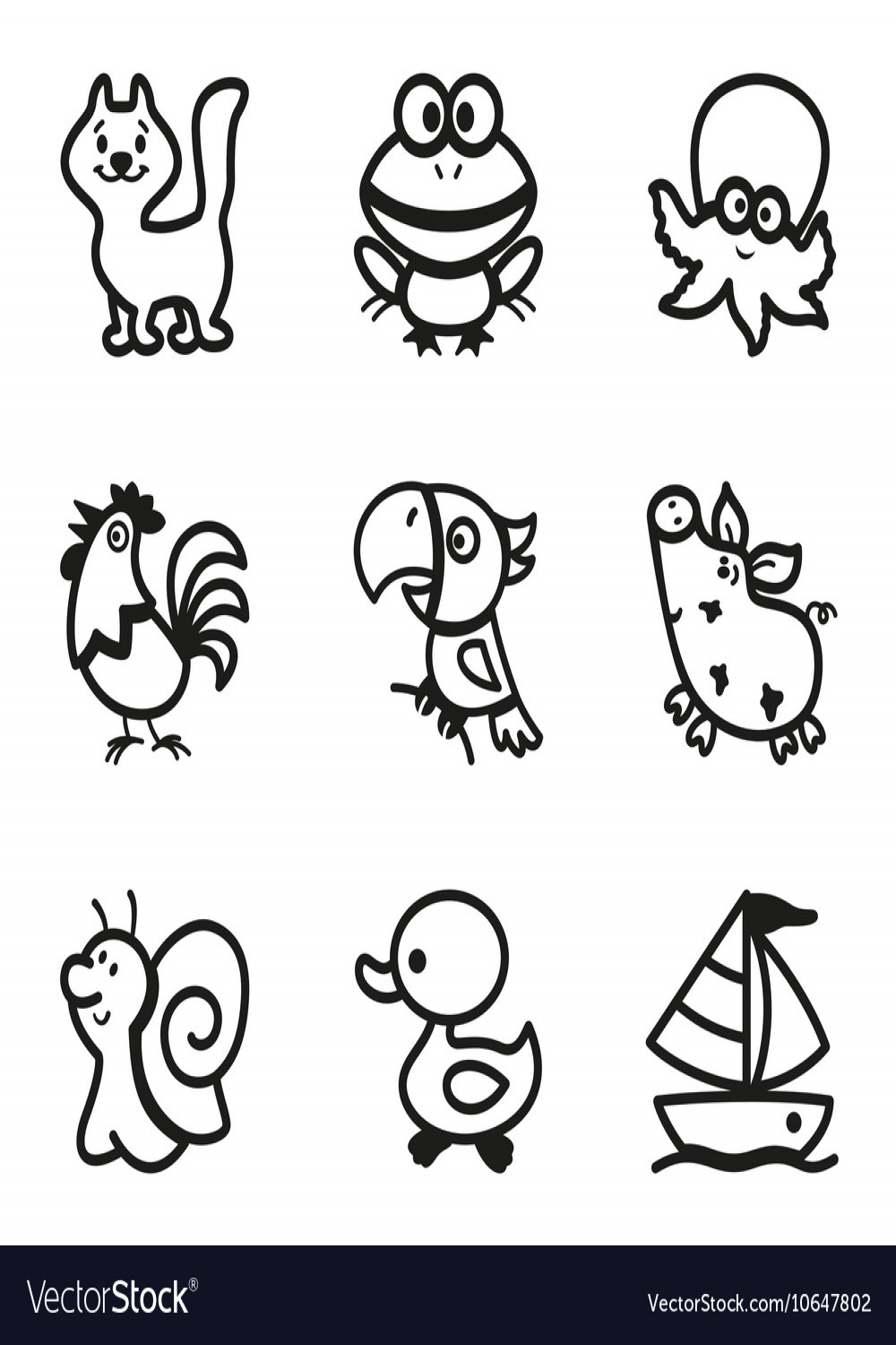 Easy coloring drawings of animals icon set Vector Image