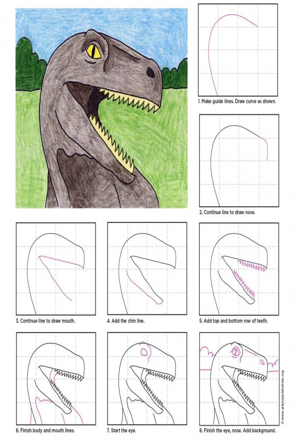 Easy How to Draw a Dinosaur Head Tutorial and Dinosaur Head