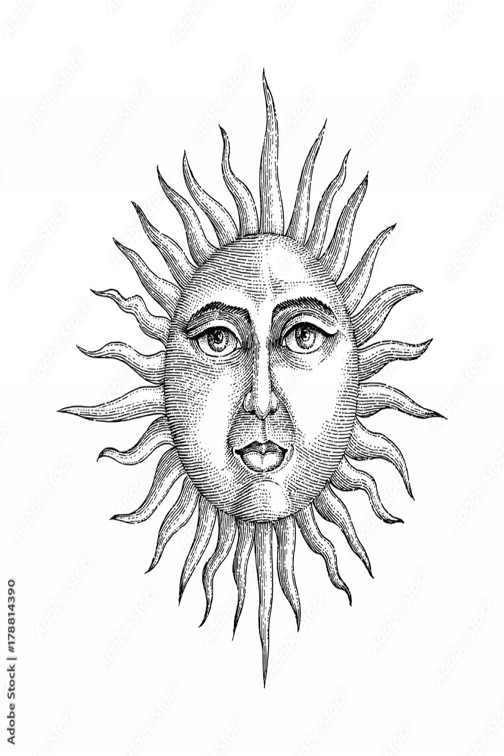 Face in sun hand drawing engraving style Stock-Vektorgrafik