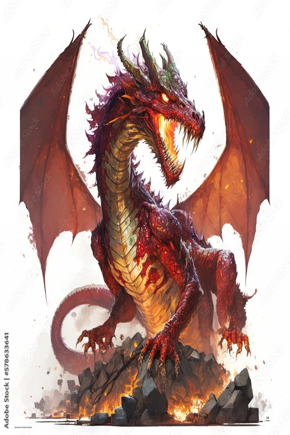 Fantasy RPG Fire Dragon drawing, white background Stock