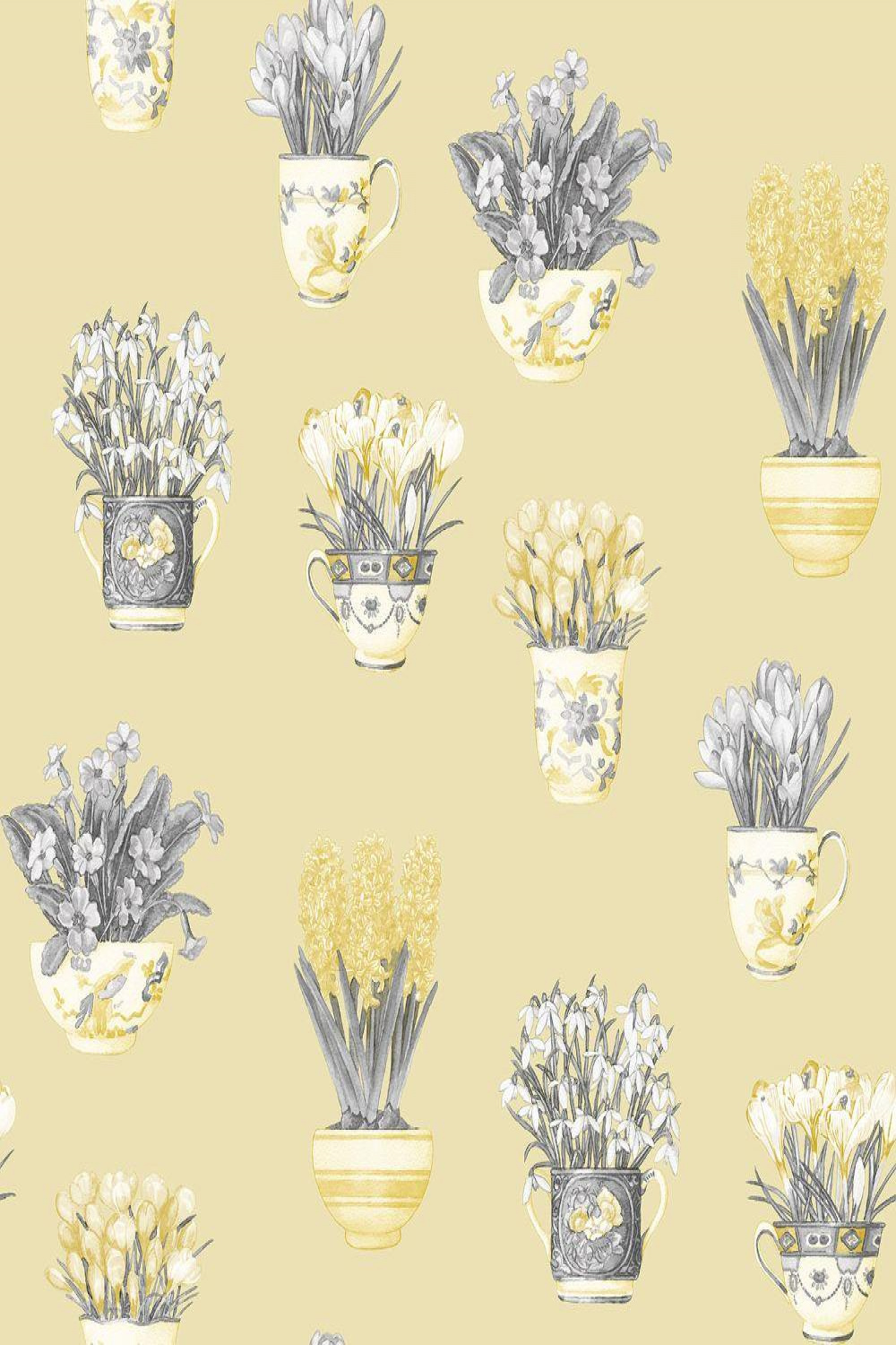 Fresh Kitchens  Flower Vases Wallpaper - FK - Yellow / Grey