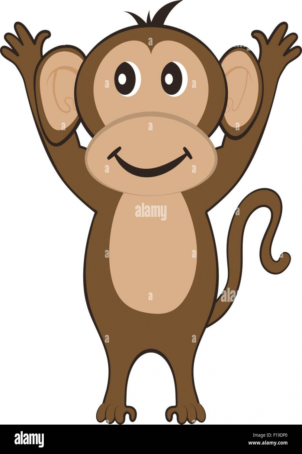 Funny Cartoon Character Monkey With Smile and Hands Up Paws Over