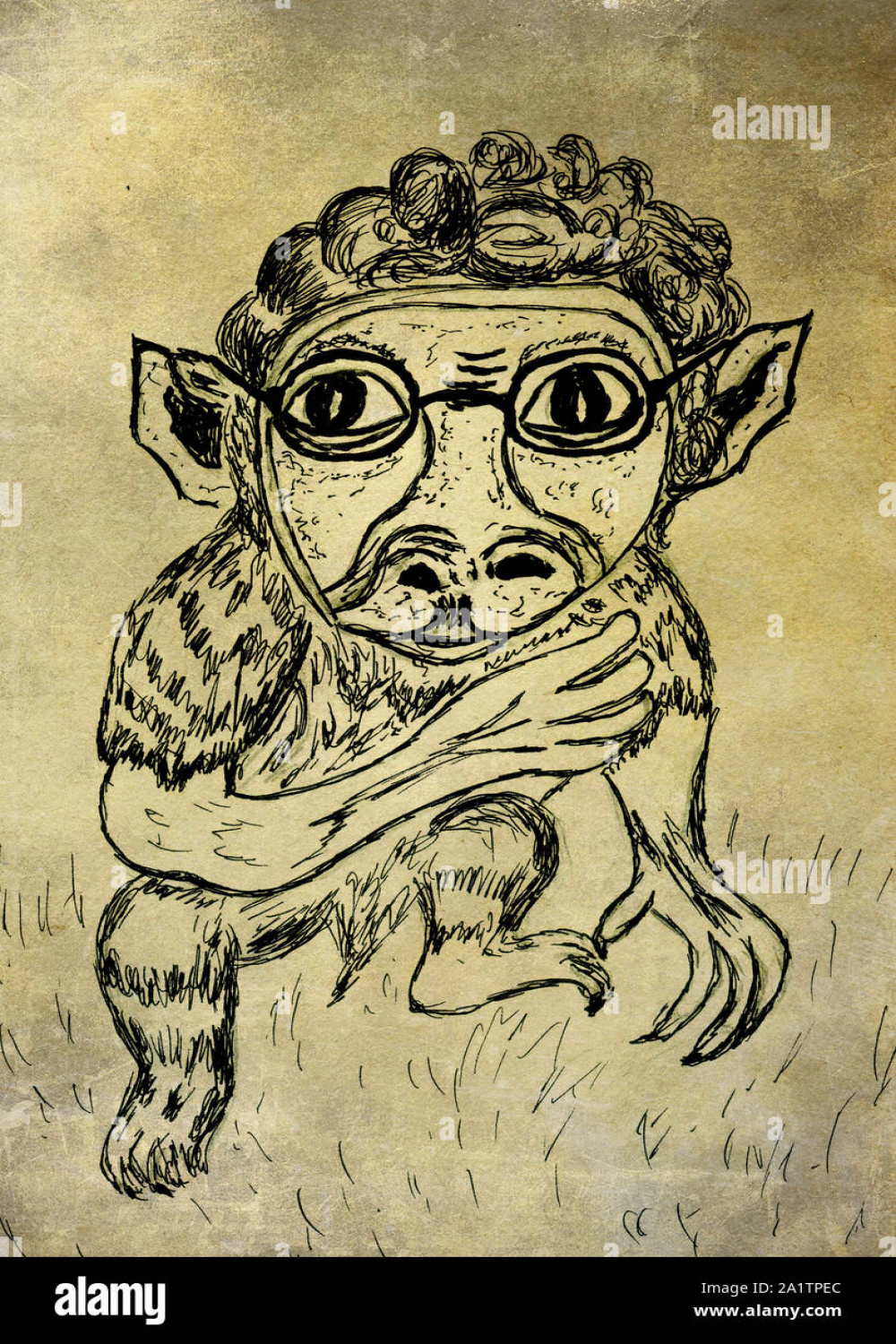 Grunge sketch of a weird monkey, hand drawn illustration Stock