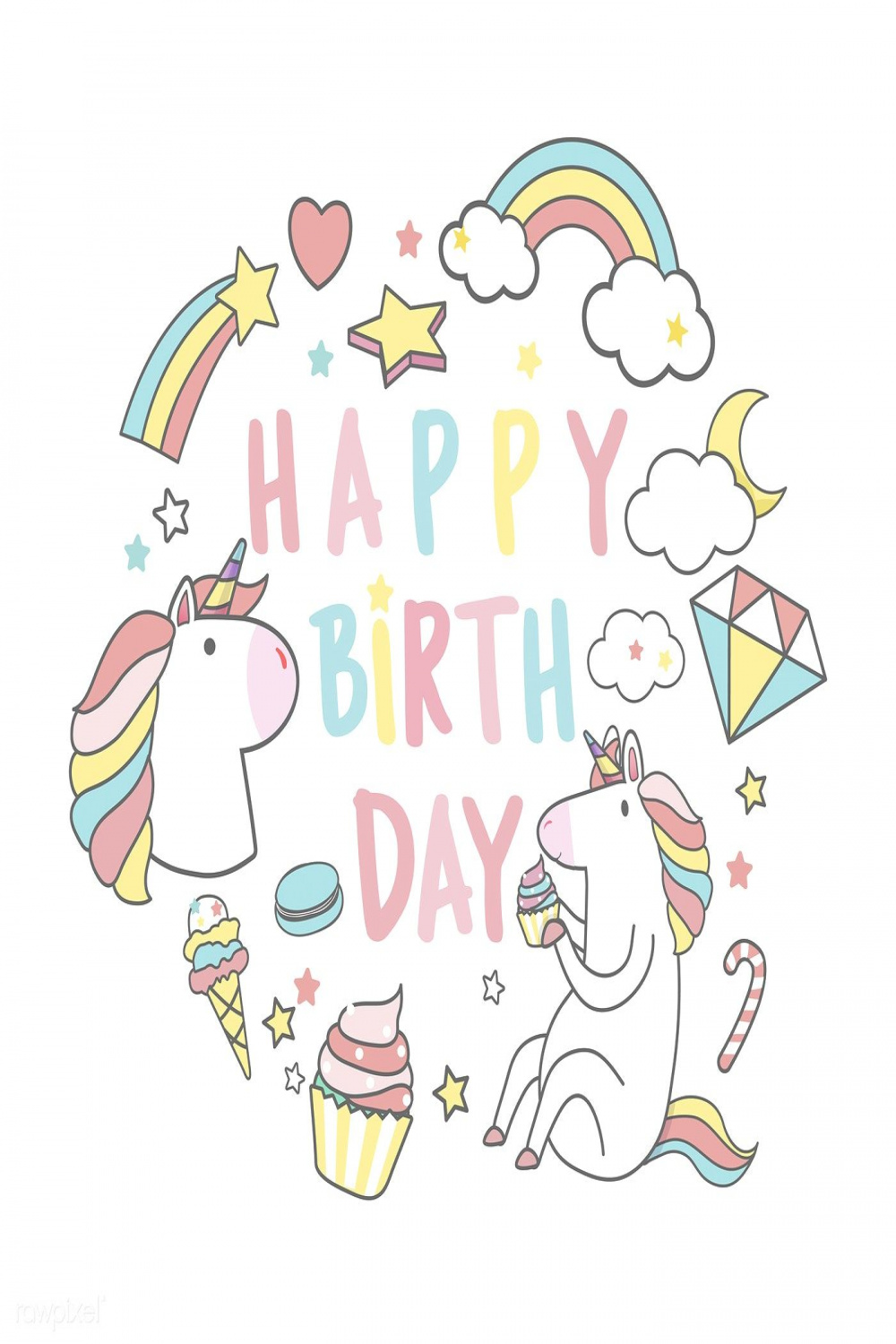 Happy Birthday unicorn with magic elements card vector  free