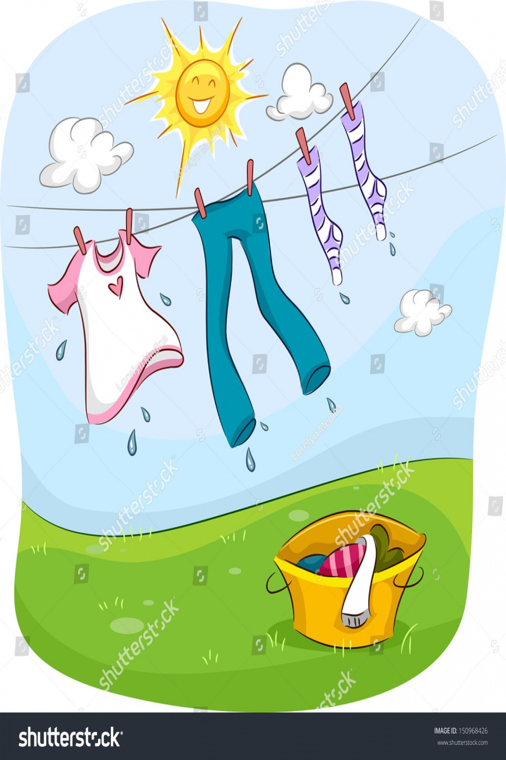 Illustration of the Sun Smiling Happily While Drying Up Clothes