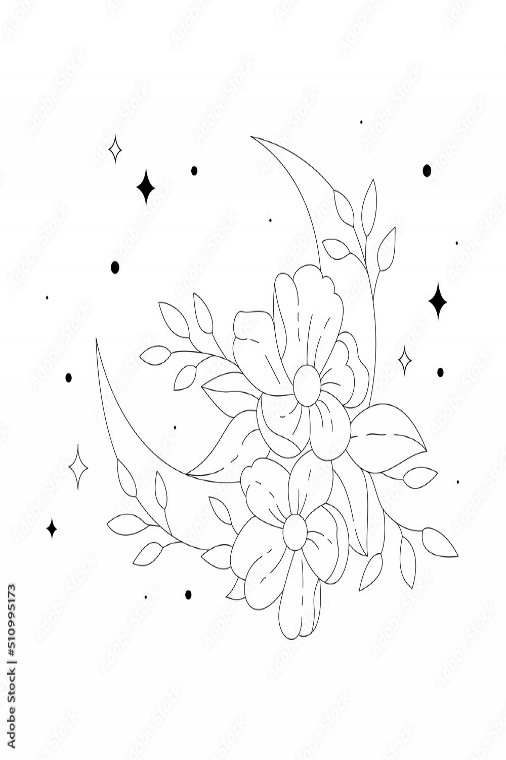 Illustration with a line drawing of flowers and the moon