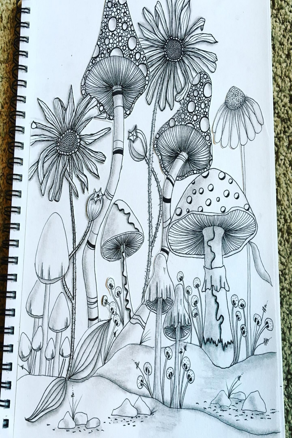 Ink and graphite drawing. Magic mushroom forest