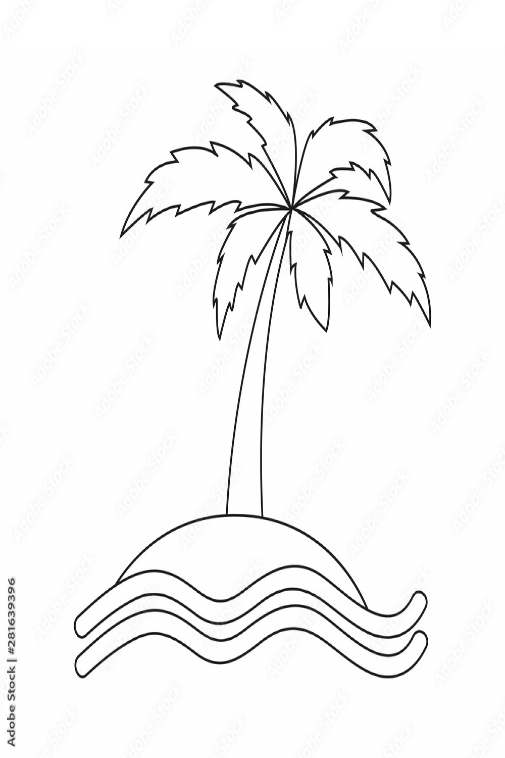 island with palm tree outline drawing vector illustration EPS