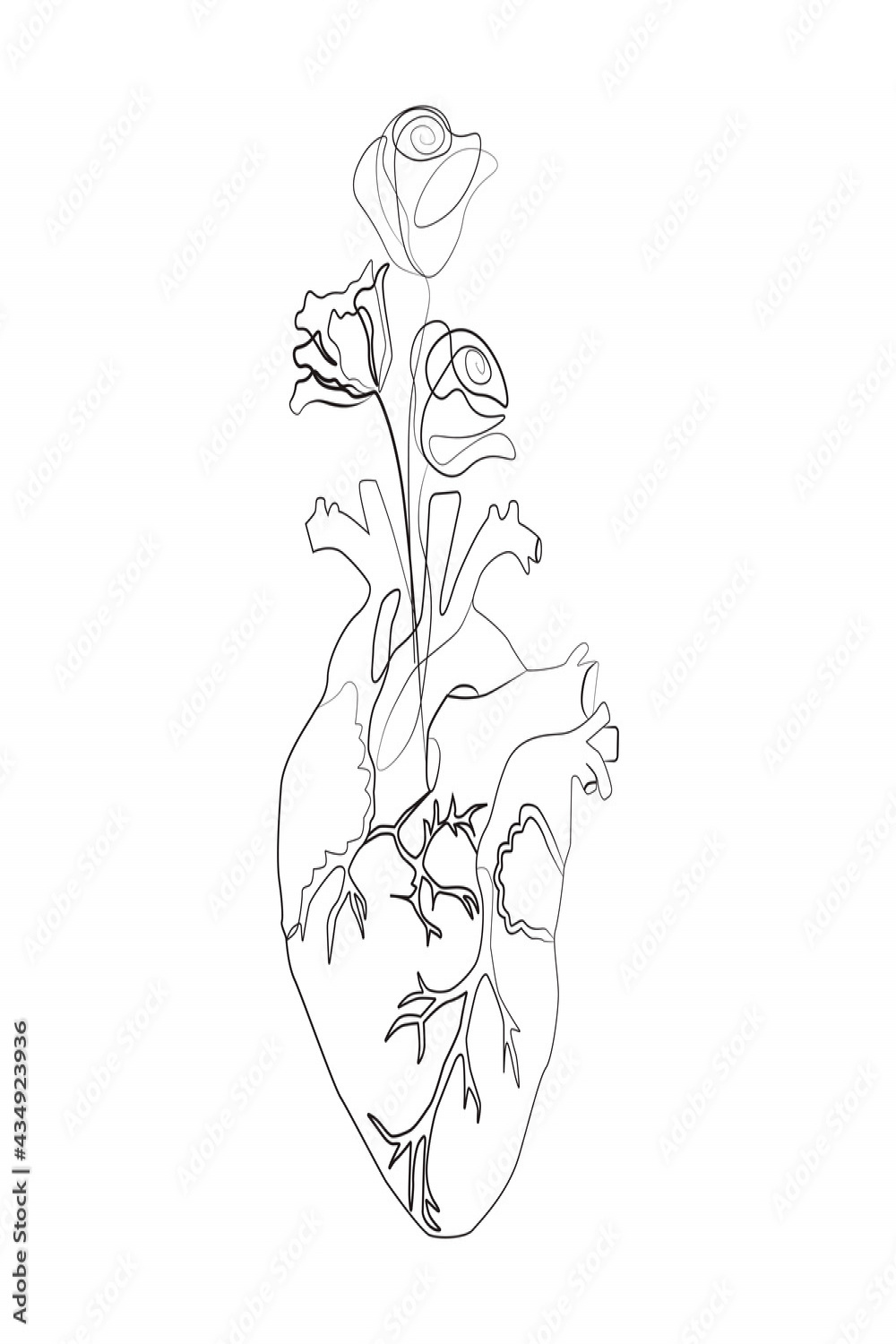 Line art sketch of human heart flowers, vector illustration Stock