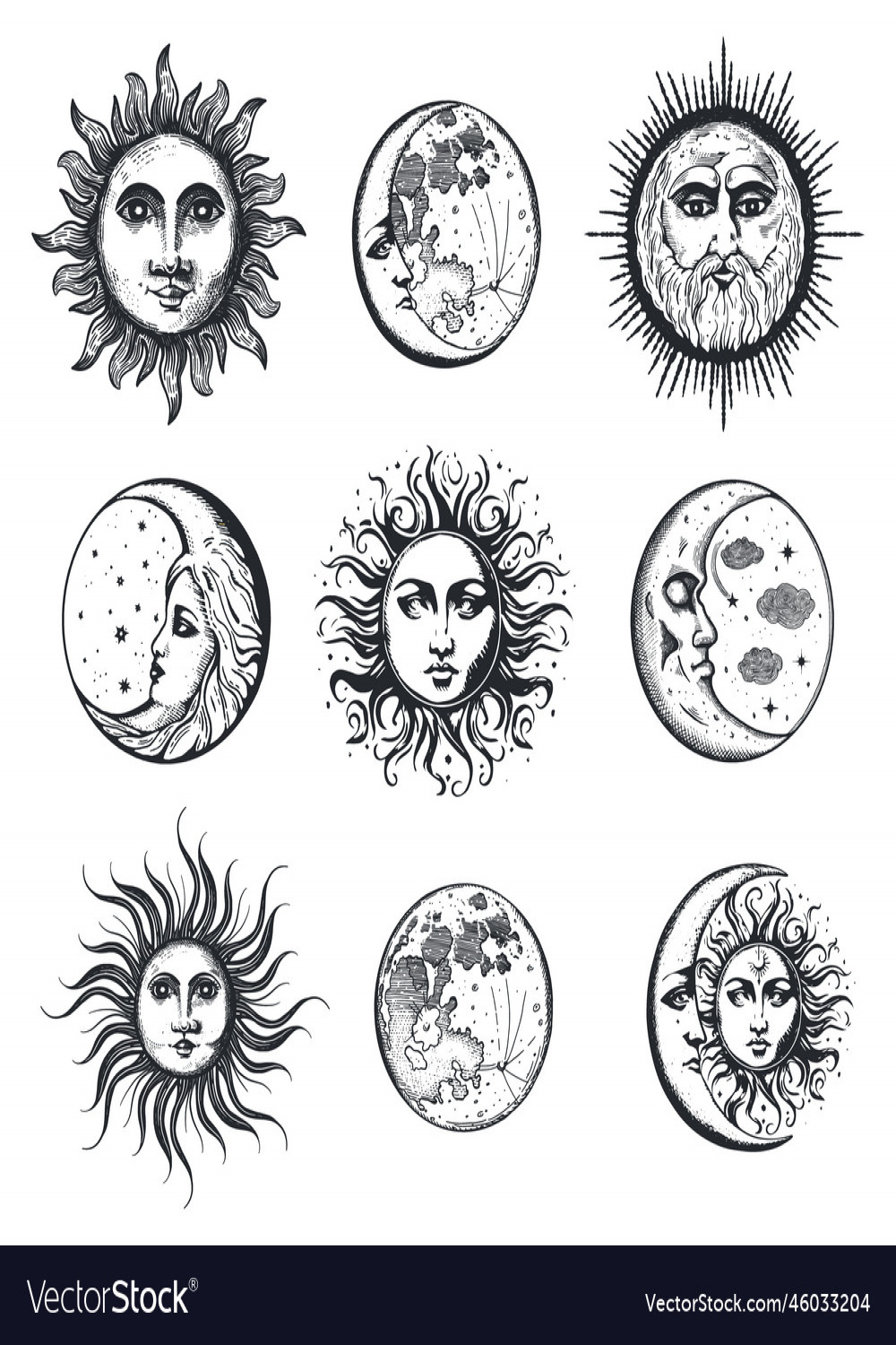 Moon and sun hand drawing in engraving style set Vector Image