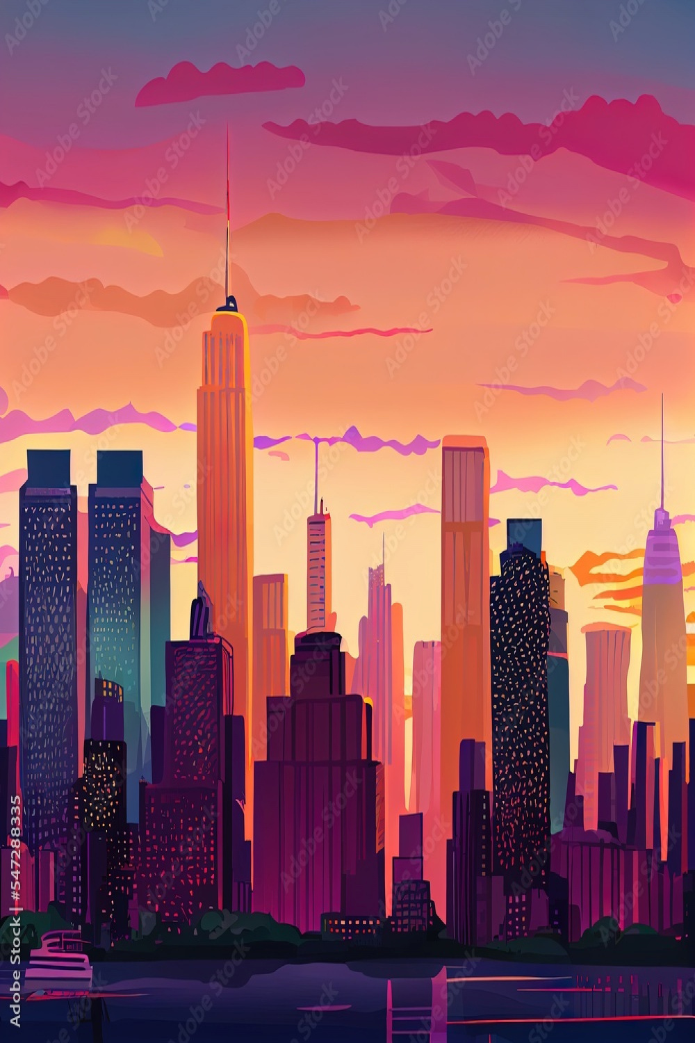 New York City skyline with urban skyscrapers at sunset