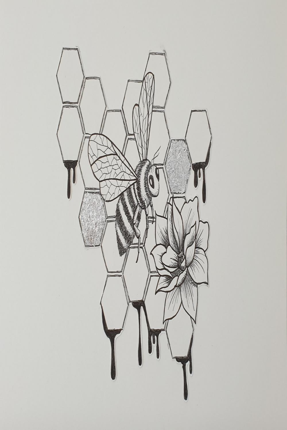 Original Bee on Honeycomb Pen Drawing - A