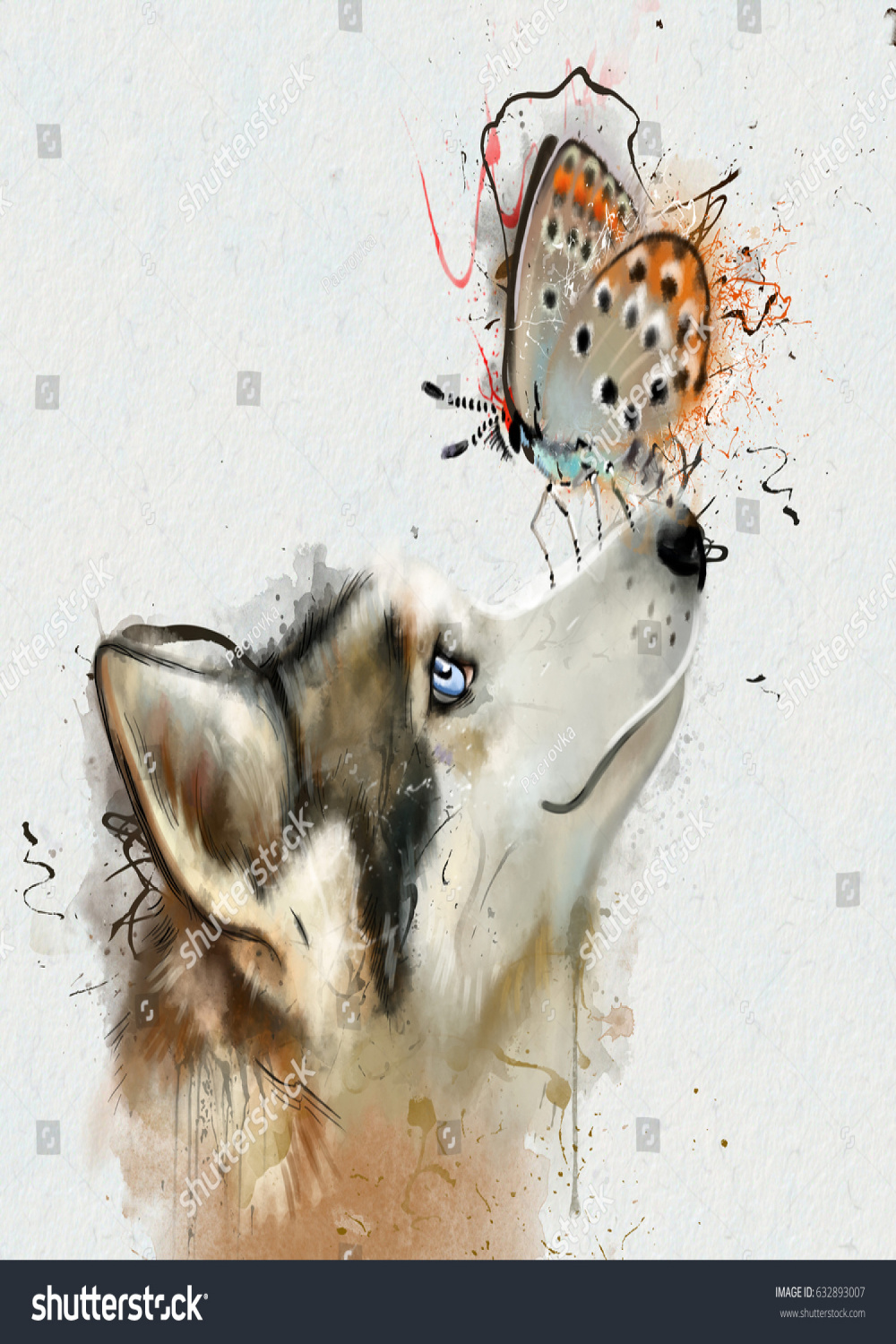 Portrait Dog Butterfly On Nose Closeup Stock Illustration