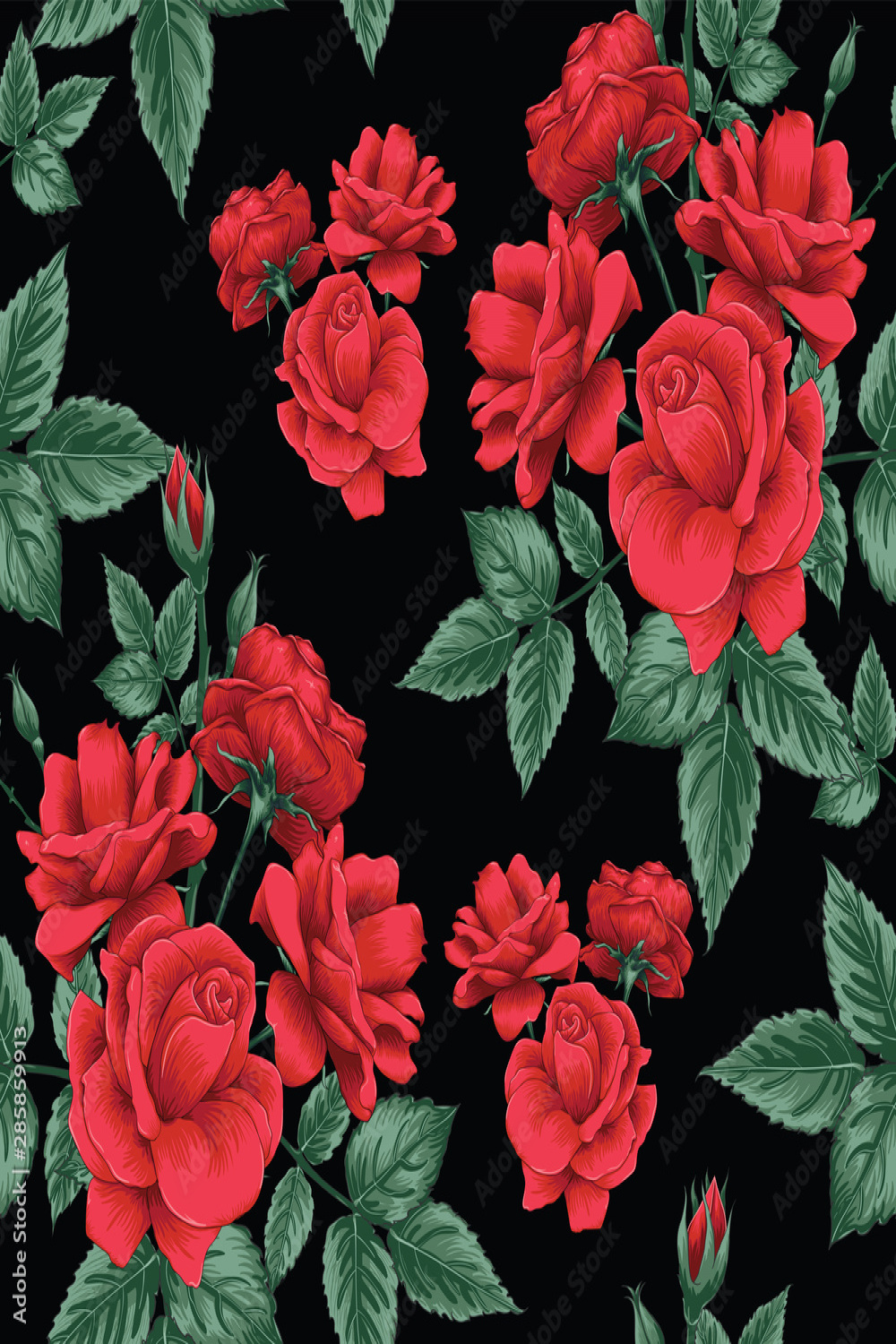 Seamless pattern beautiful red Rose flowers on black color