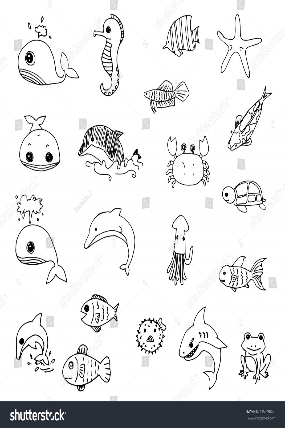 Set Cute Aquatic Animals Drawing Vector: Stock-Vektorgrafik