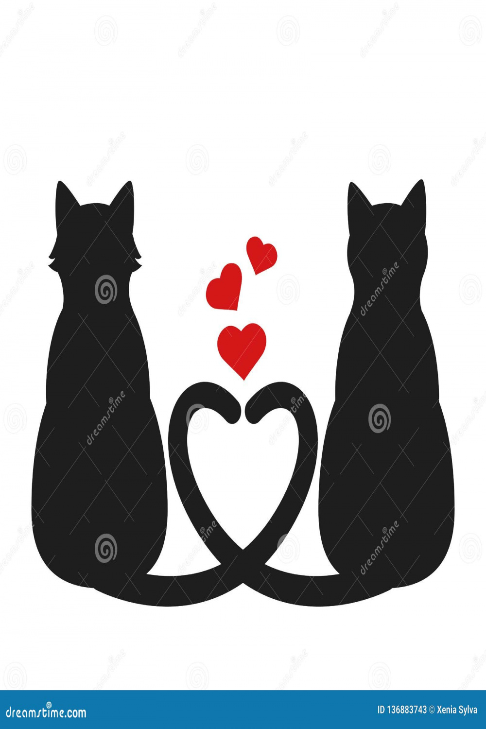 Silhouette of Two Cats with Heart Tails