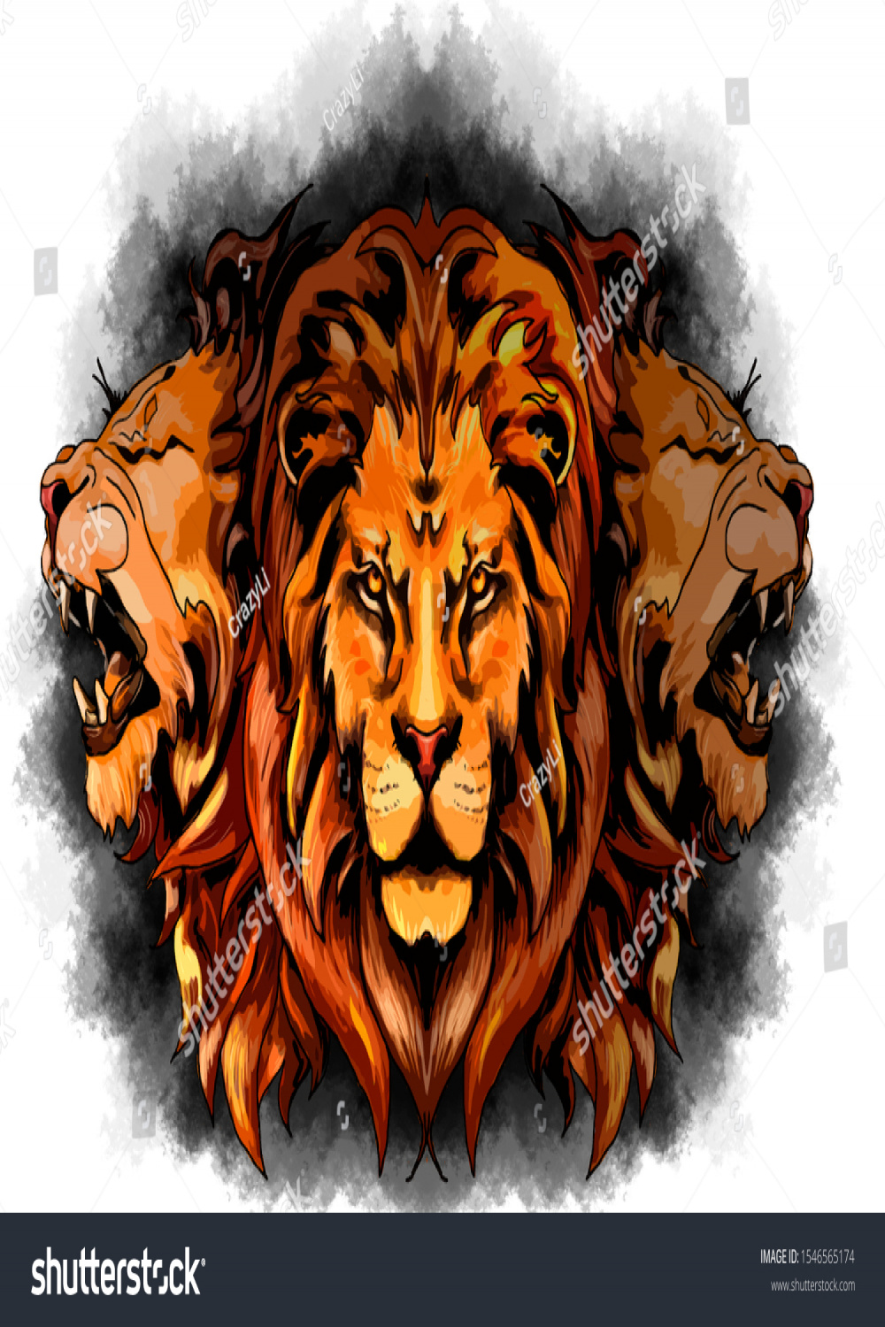 Threeheaded Lion Brushstroke Color Illustration Stock Illustration