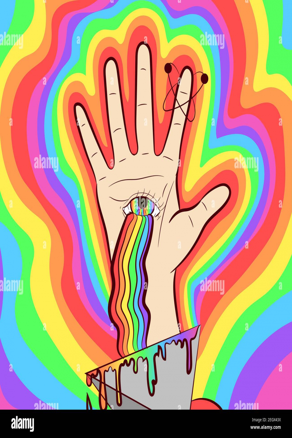 Vector art of a hand with the eye of God and a rainbow