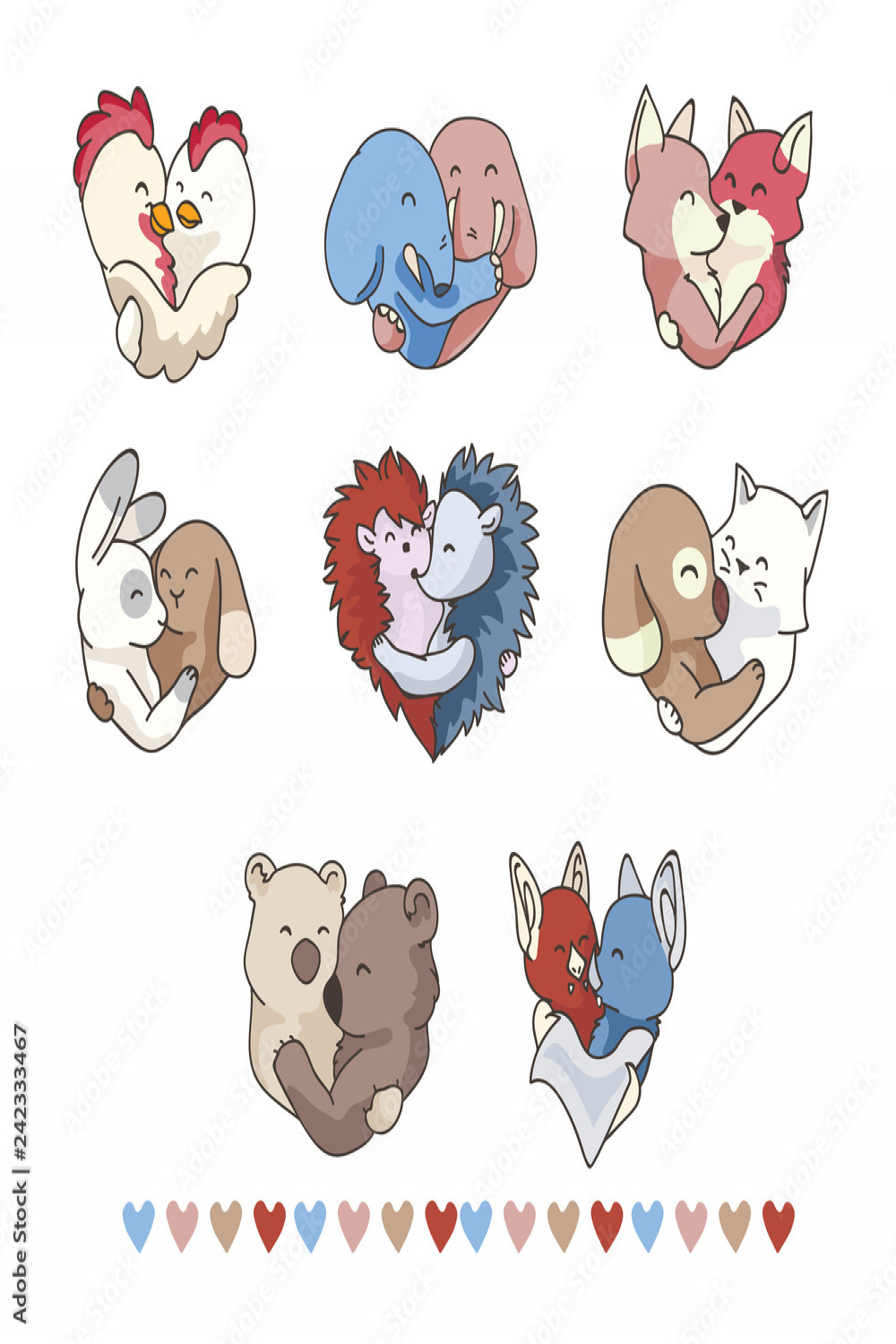 Vector cute animal hug hearts