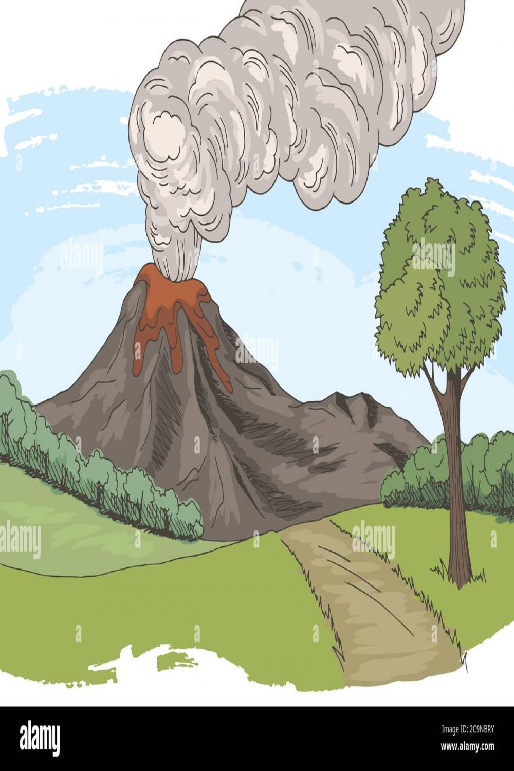 Volcano mountain hill road graphic color sketch landscape