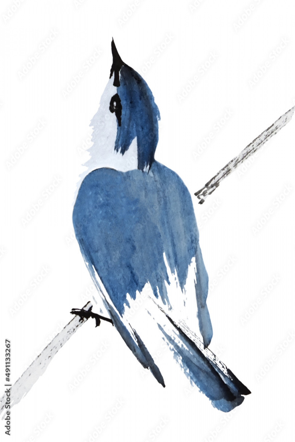 A Bit of Luck (a little blue bird looking up, painted with ink and