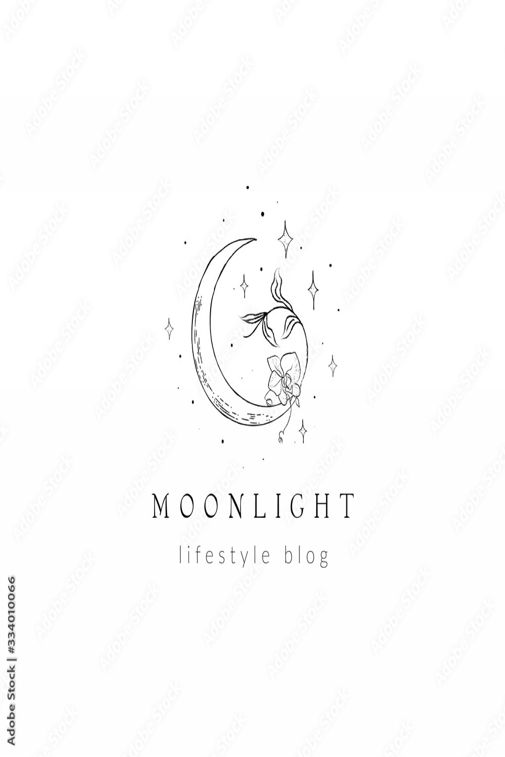 abstract hand drawn crescent moon logo with stars, orchid flower