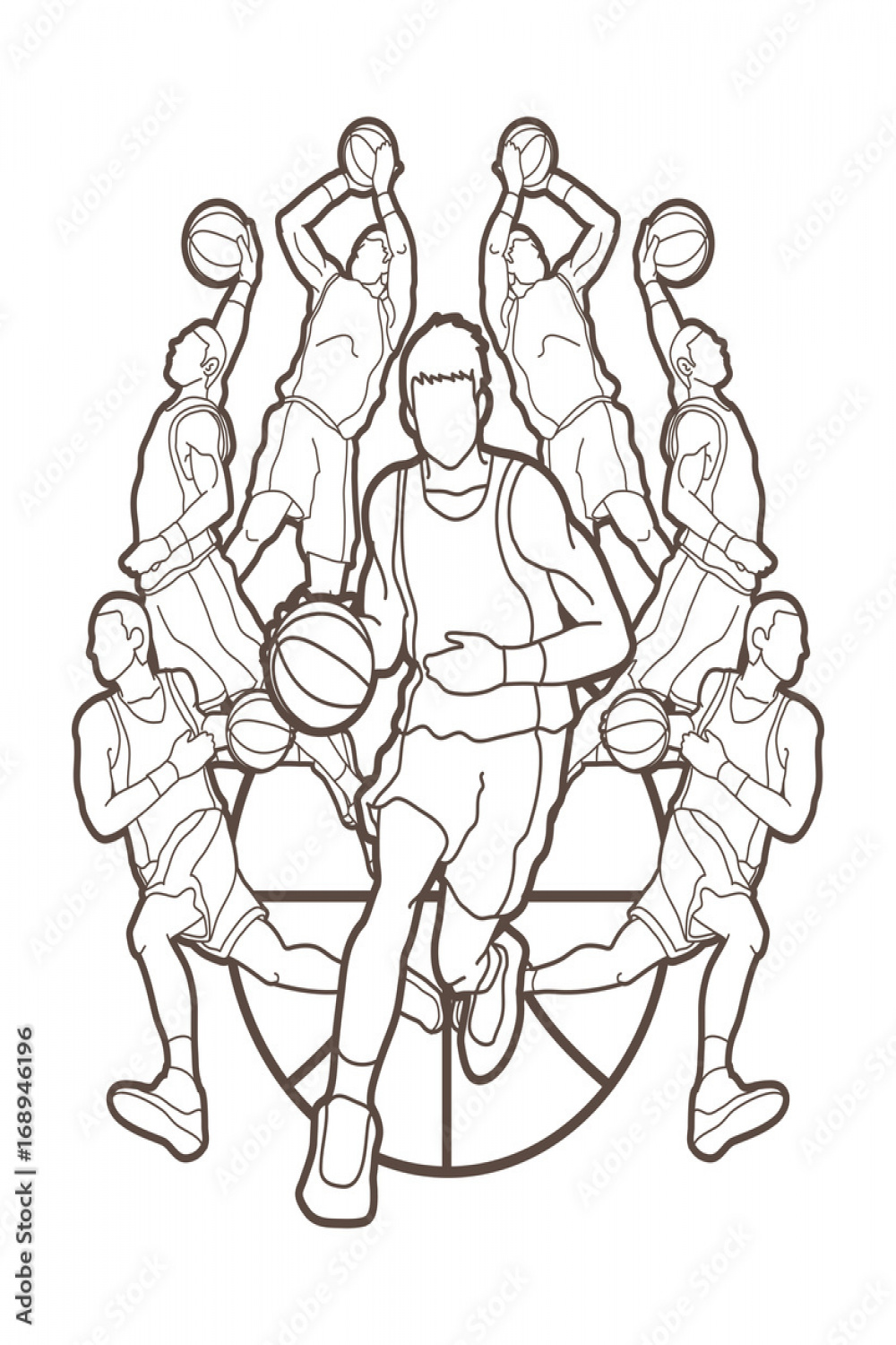 Basketball Team player dunking dripping ball action outline