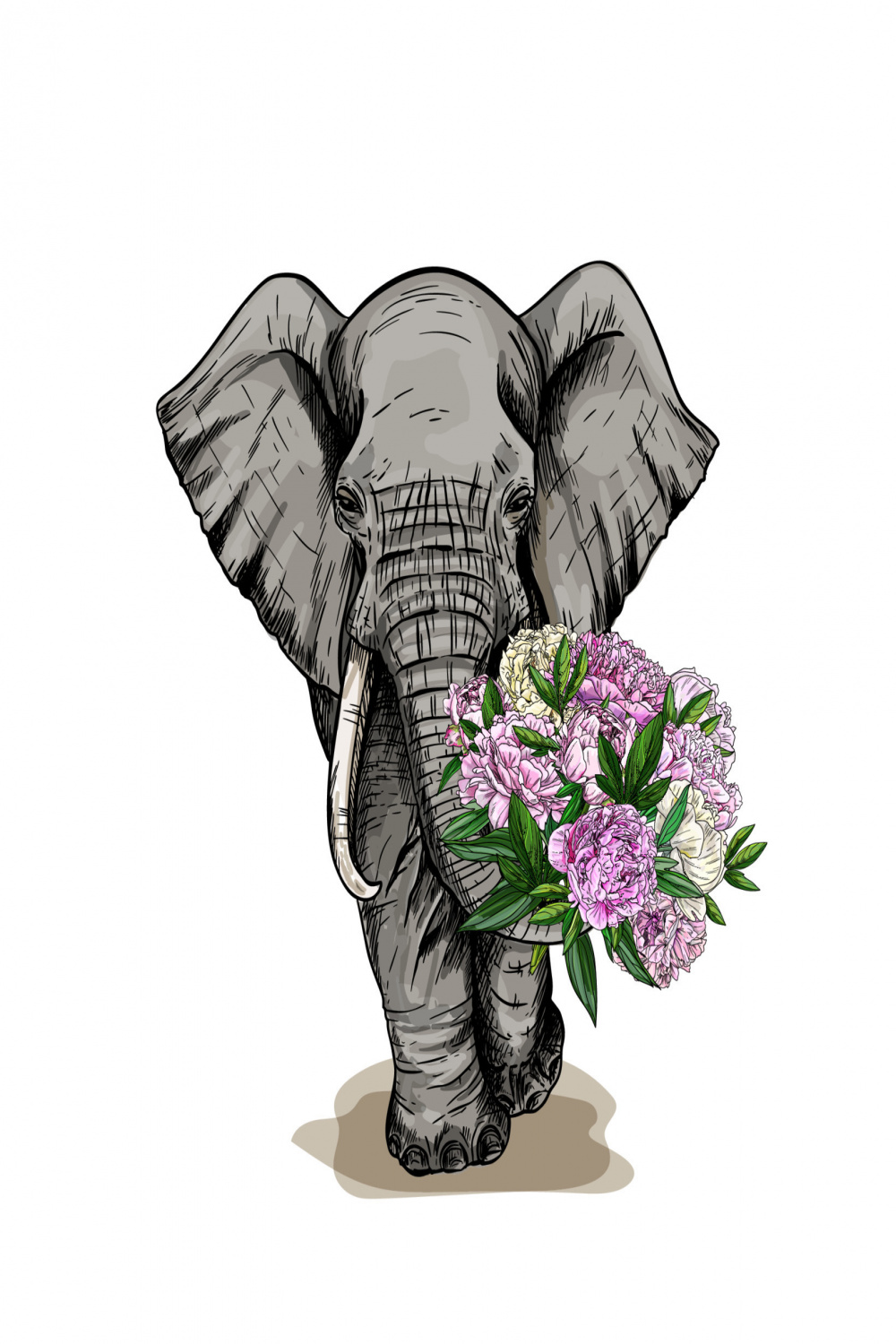 Big elephant holding a bouquet of pink peonies in his trunk