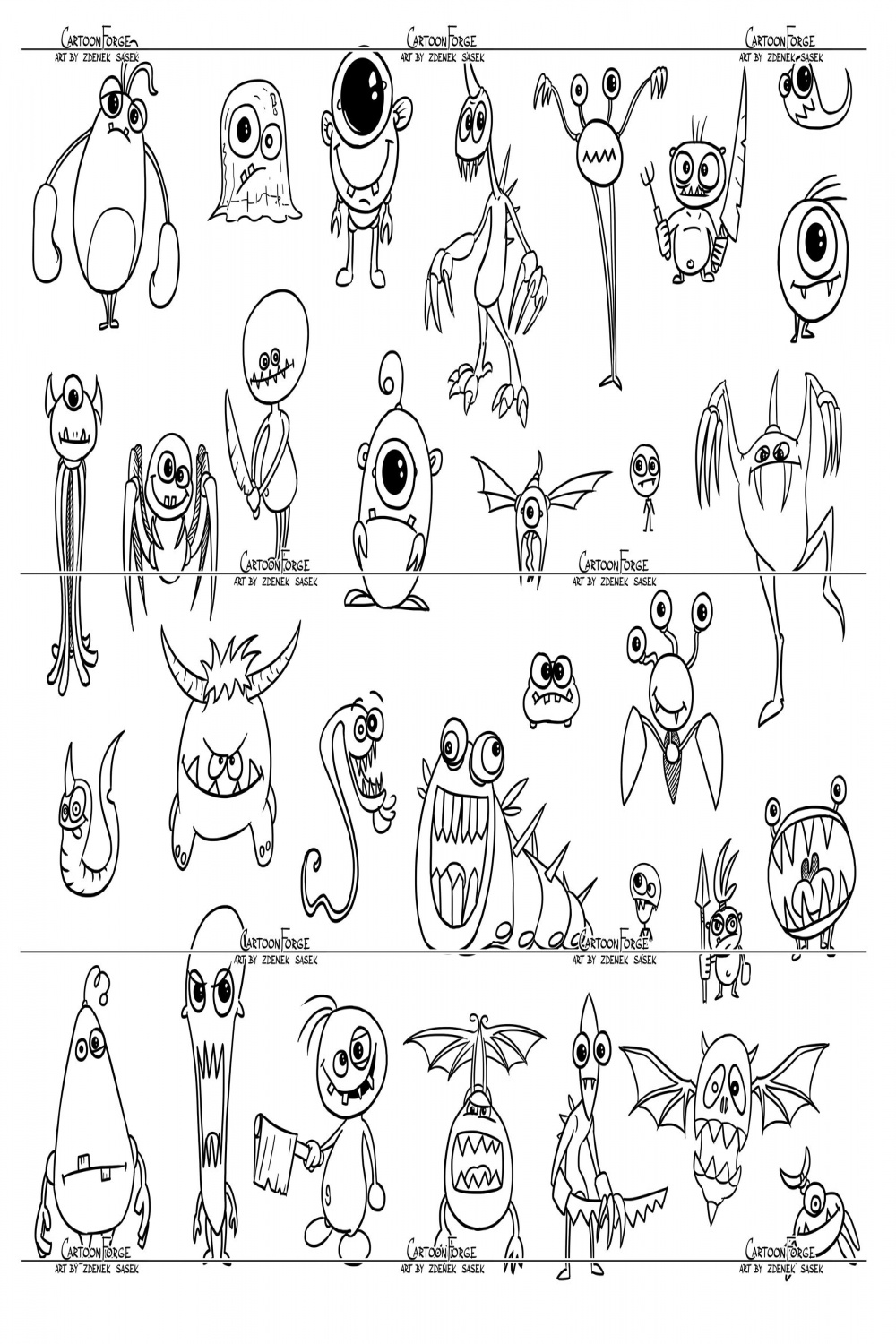 Big Set of  Funny Halloween Cartoon Monster Drawings, Digital