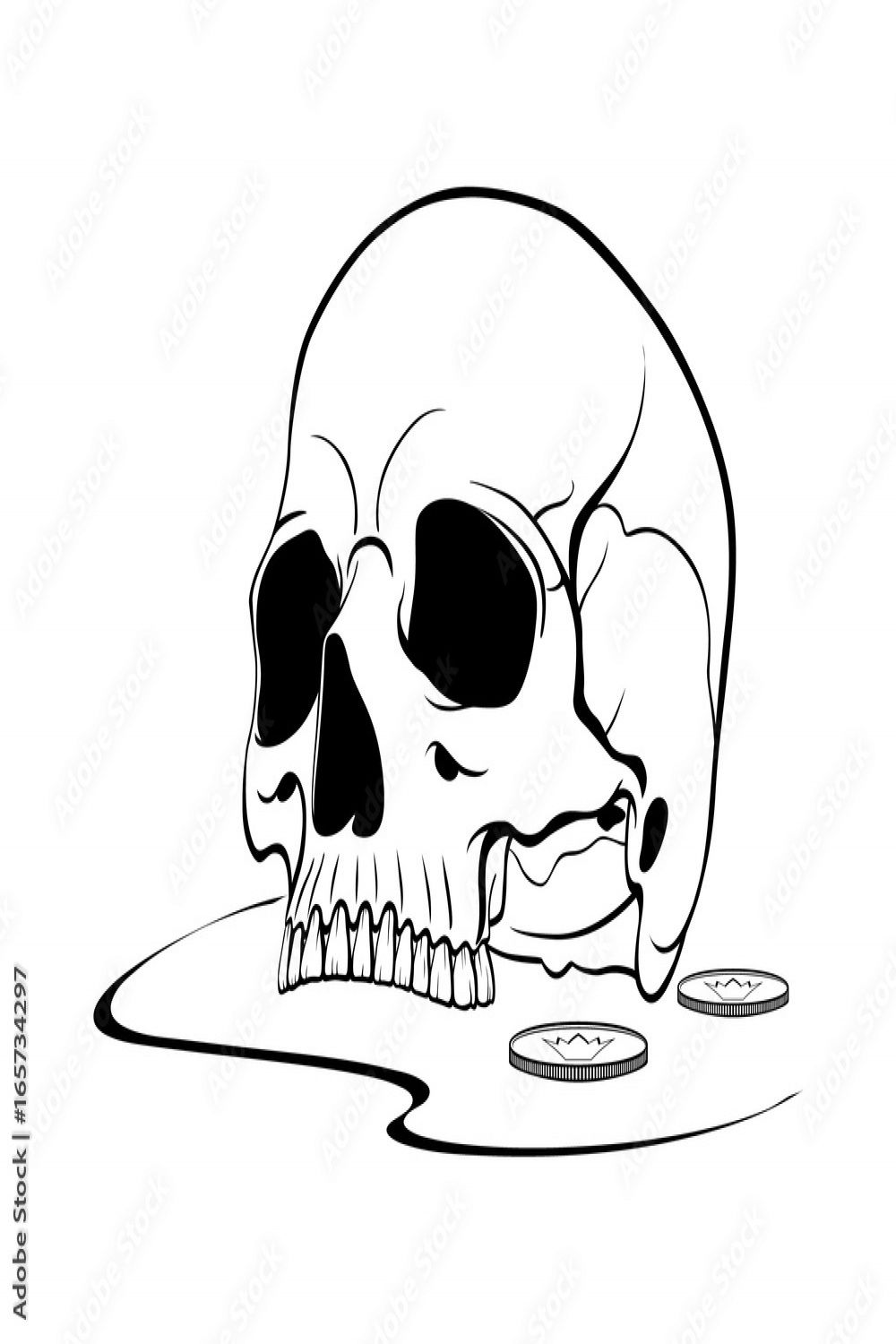 Black graphic drawing of the upper part of the human skull without