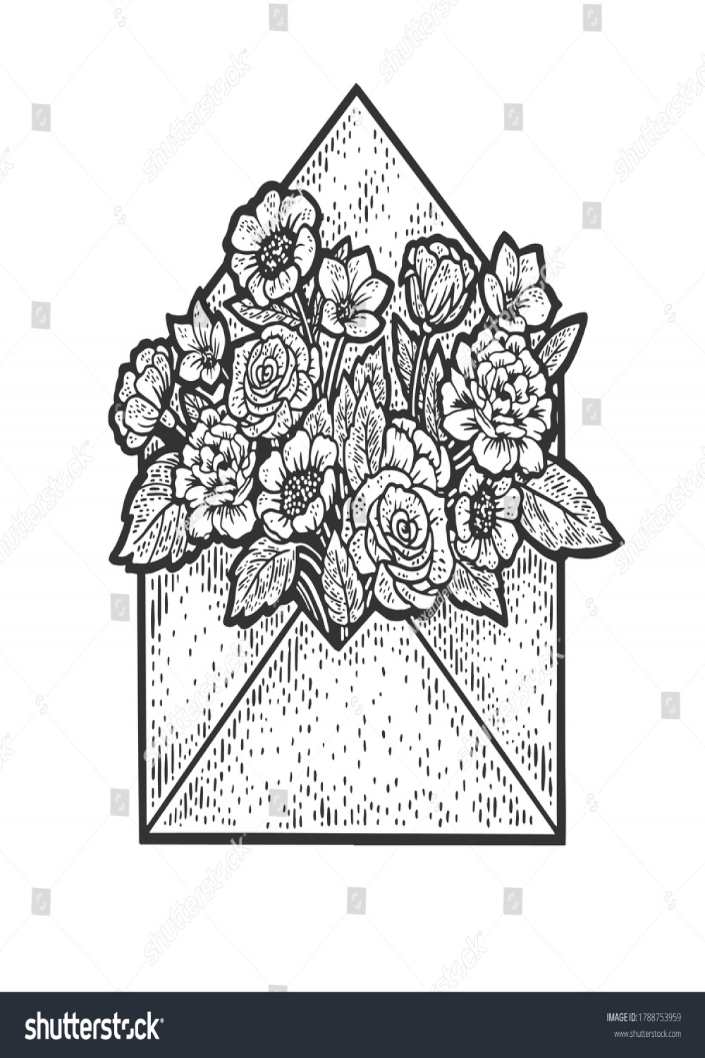 Blumen in Briefumschlag Skizze Gravur Vektorgrafik