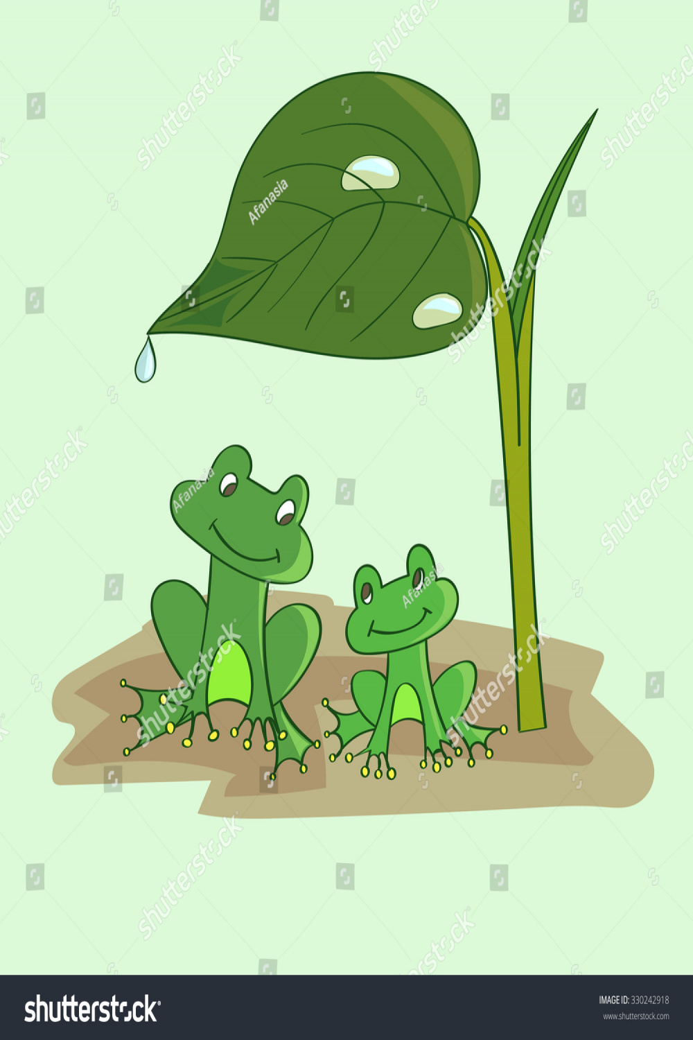 Cartoon Frogs Under Leaf Vector Illustration Stock Vector (Royalty