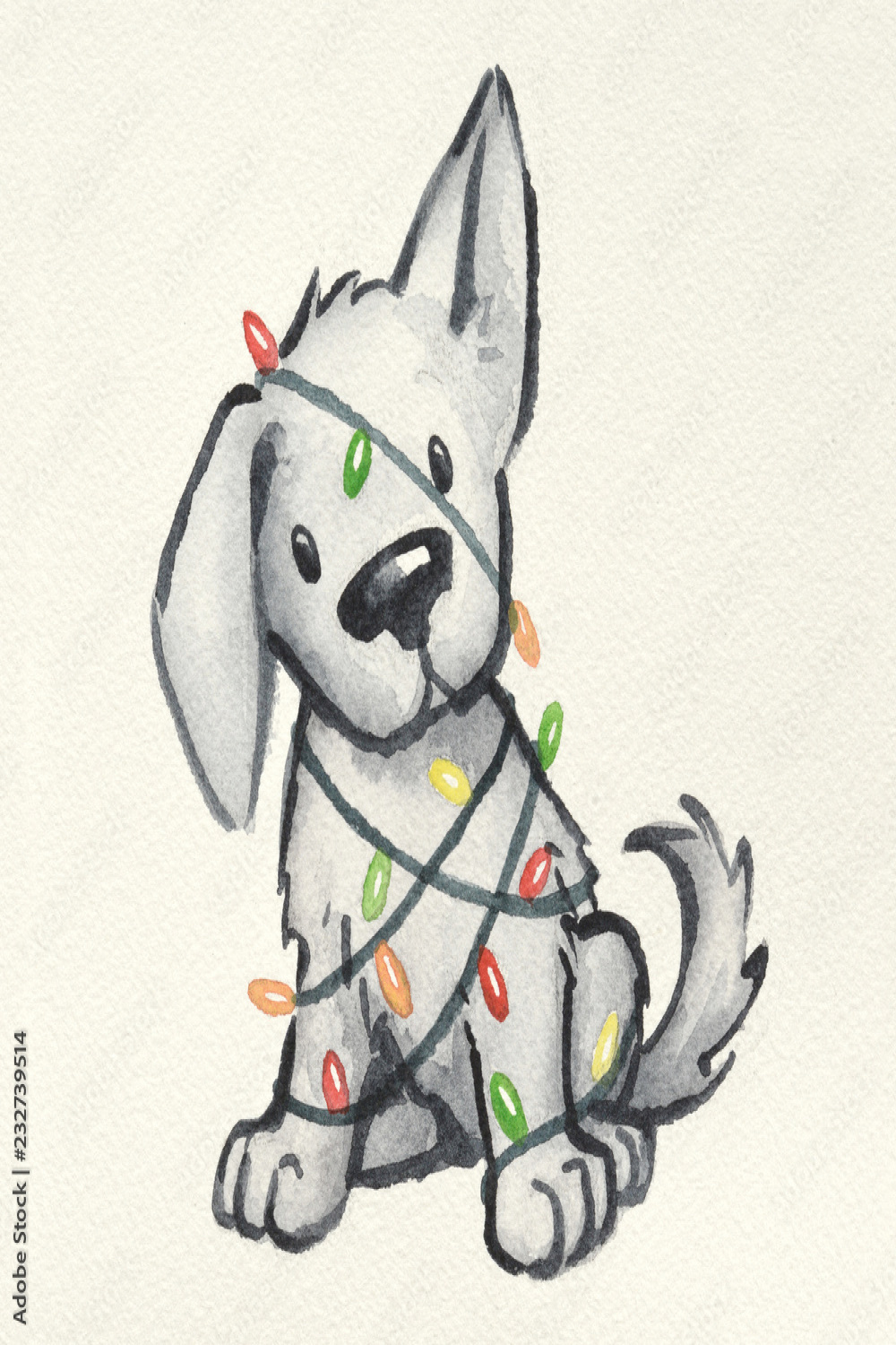 cute puppy dog wrapped in Christmas tree lights, hand painted and