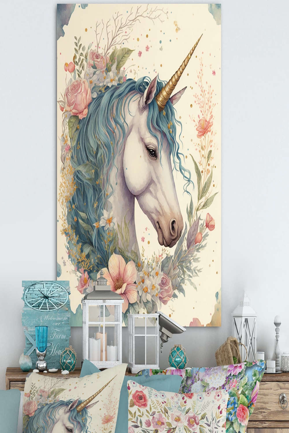 Designart "Cute Pastel Unicorn Surrounded By Flowers I" Animals