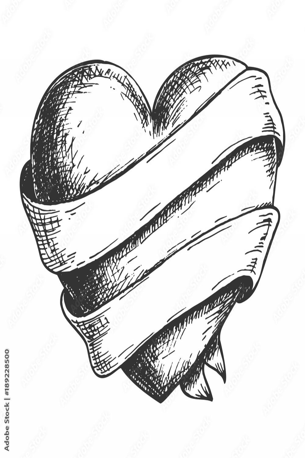 Hand drawn heart with ribbon, black and white draft sketch