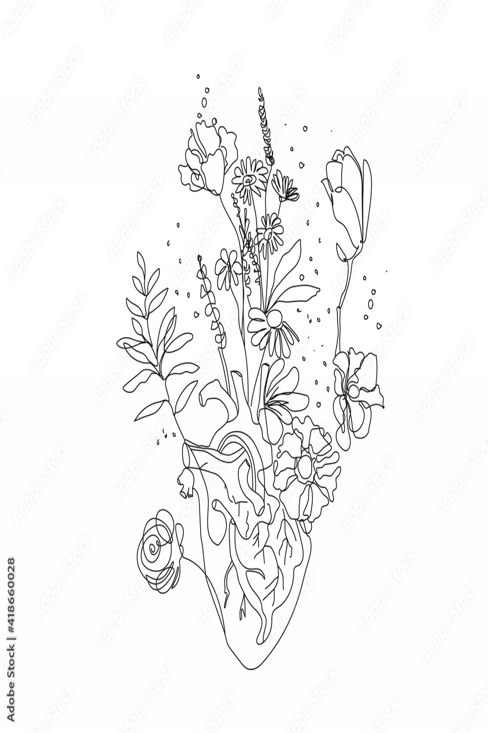 Heart with Flowers Continuous One Line Drawing Black Sketch on