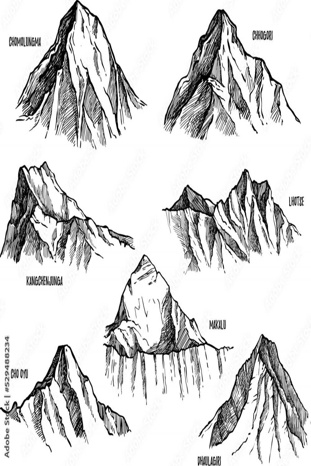 Highest mountains of Himalaya, Nepal hand drawn set vector