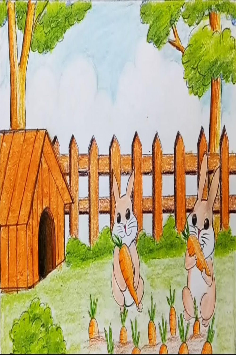 How to draw a scenery of Some rabbits in the carrot garden