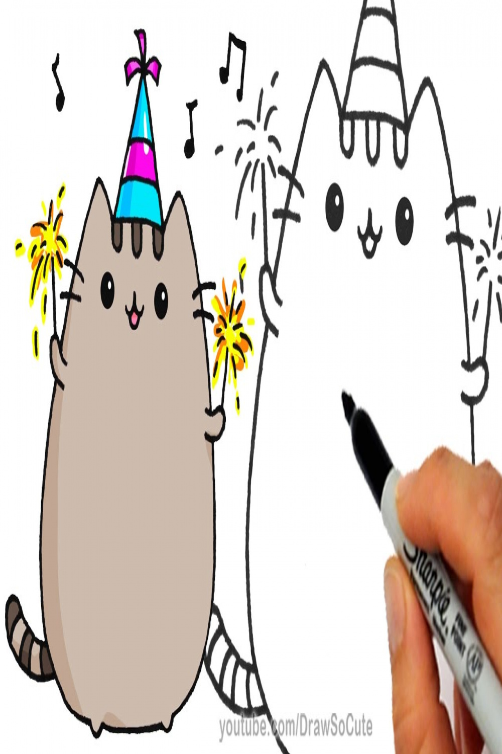 How to Draw Pusheen Cat for New Years Celebration step by step Easy